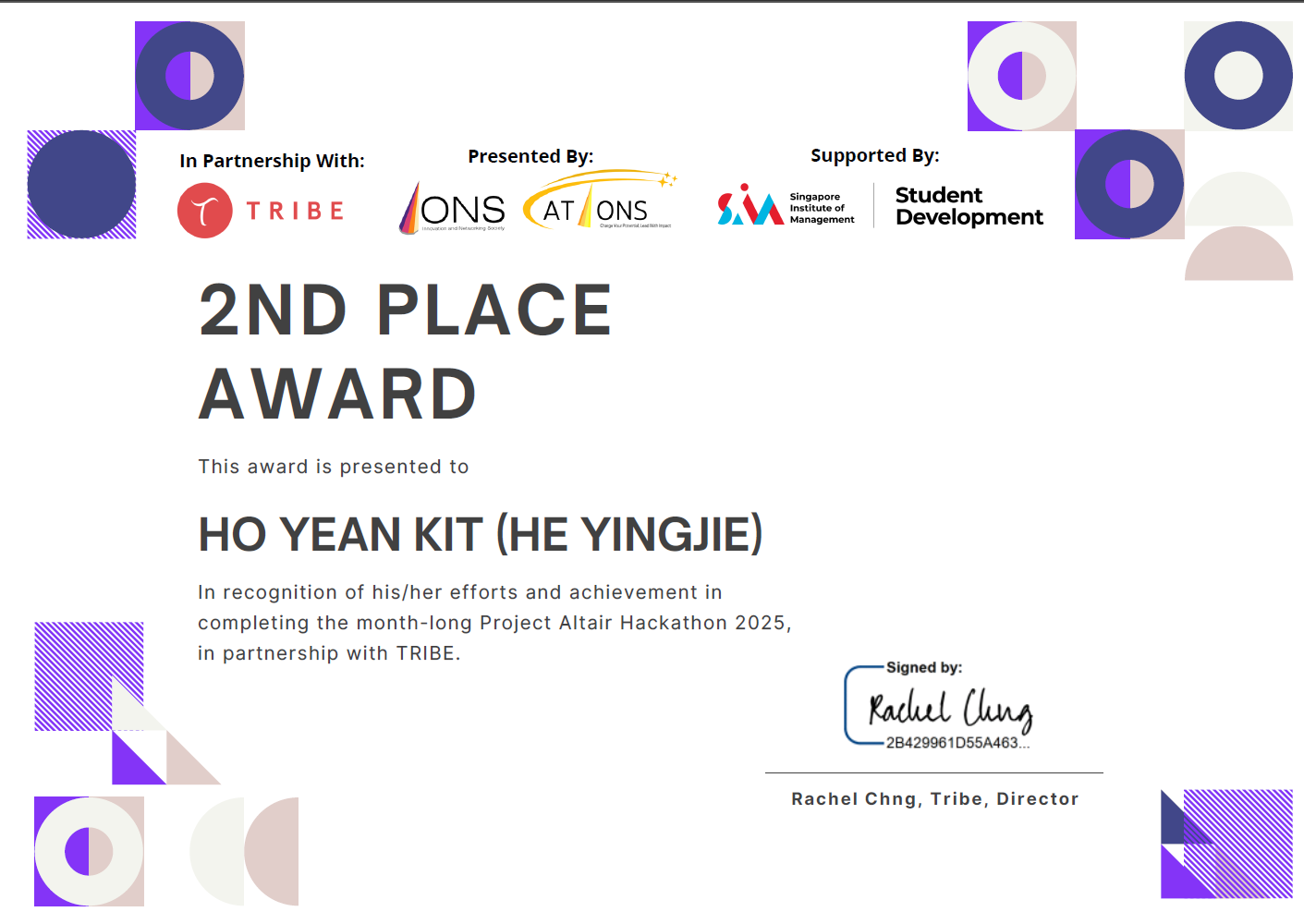 SIM ION Hackathon Certificate